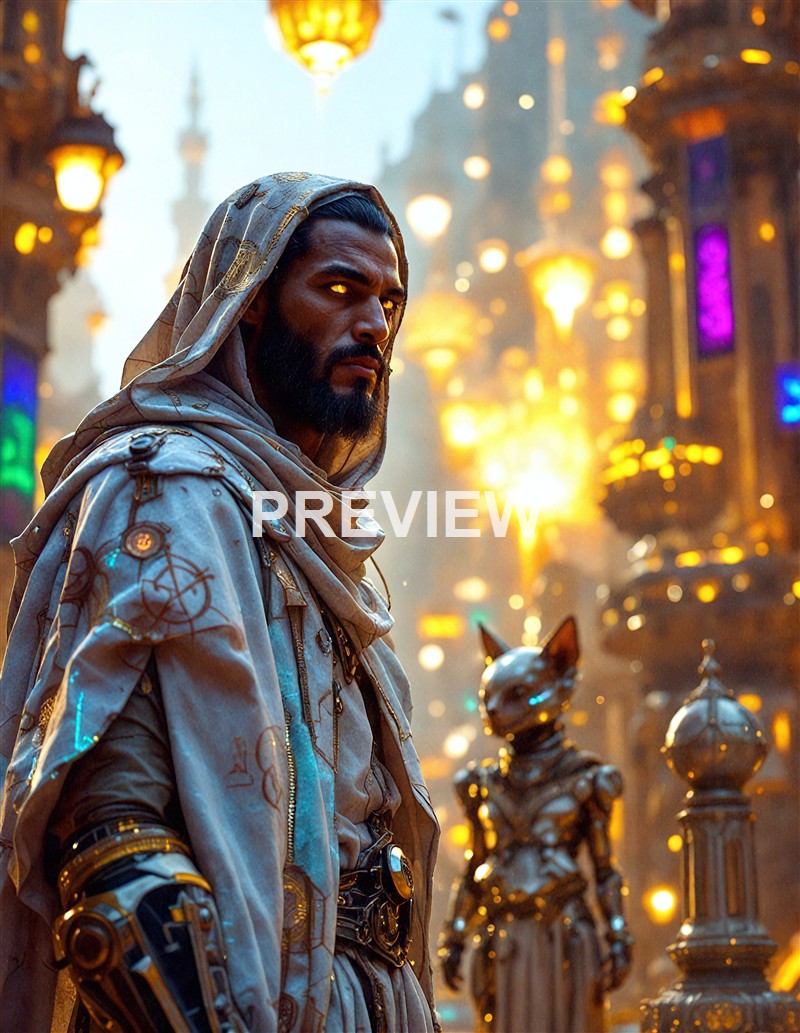 A futuristic man with glowing eyes, dressed in intricate clothing, stands in a city street filled with vibrant lights and blurred architectural details in the background.